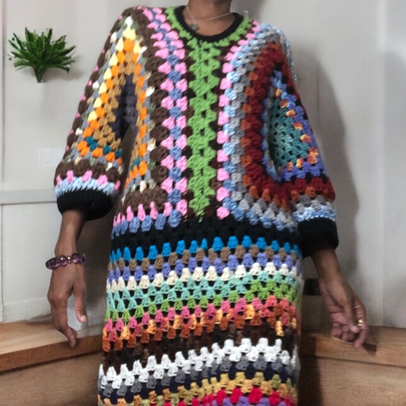 AMARA Bohemian Oversized Crochet Sweater Dress-Chunky Knit Kaleidoscope of Color - Picture 16 of 16
